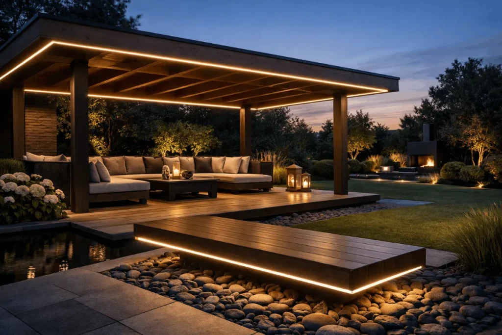 Luxe tuinoverkapping met warm witte LED strip verlichting verwerkt in de houten balken en langs een zwevend tuinbankje.