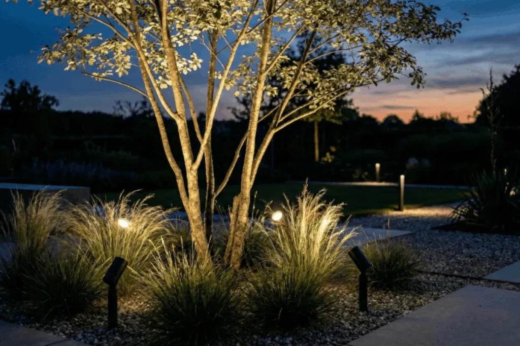 Moderne tuin waarin een meerstammige boom en siergrassen worden uitgelicht door zwarte prikspots.