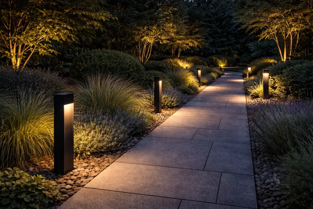 Sfeervol verlicht tuinpad met moderne zwarte staande buitenlampen langs de rand.