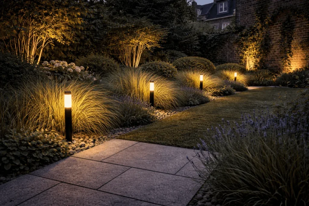 Staande lampen tussen siergrassen in een border.