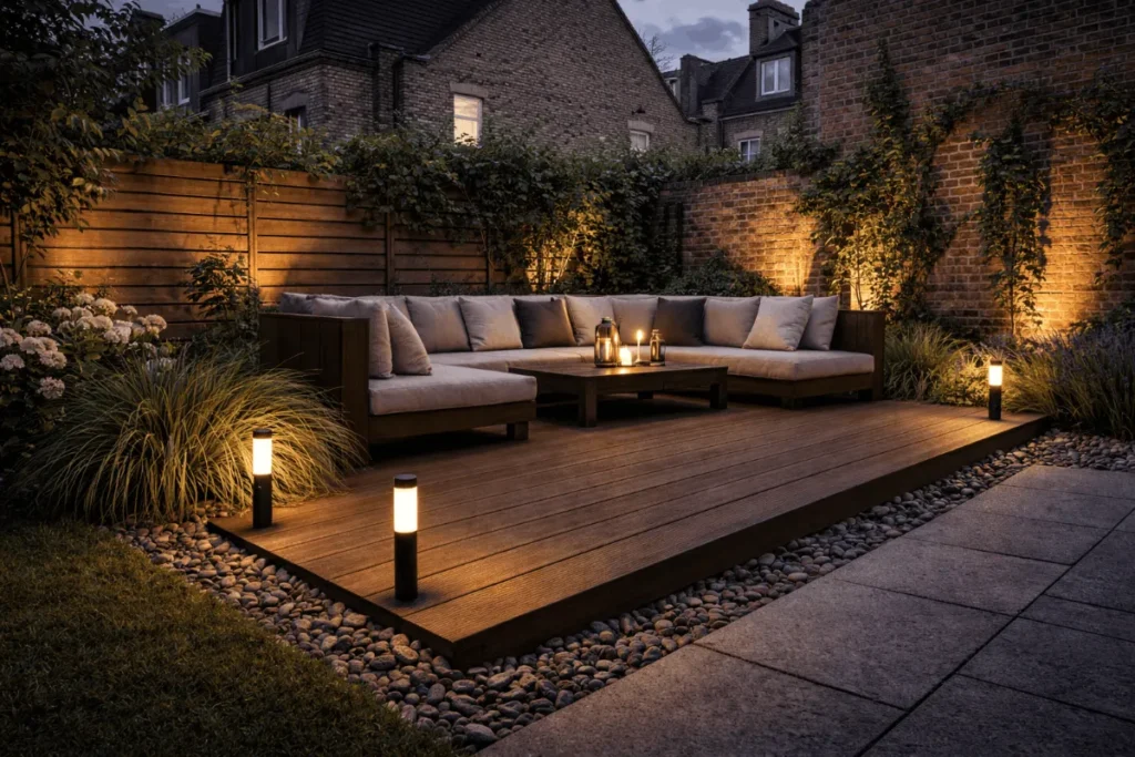 Houten vlonderterras met lage staande lampen op de hoeken.