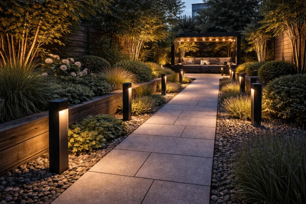 Tuinpad verlicht met downlight tuinpaaltjes.