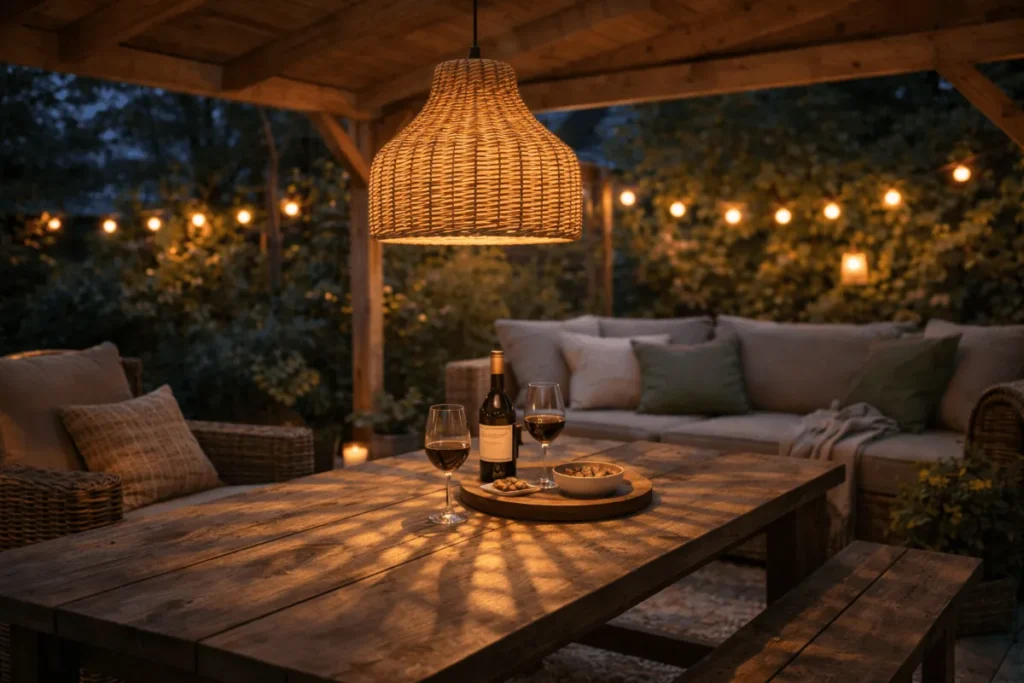 Gezellige houten overkapping met een grote rotan hanglamp boven de eettafel.