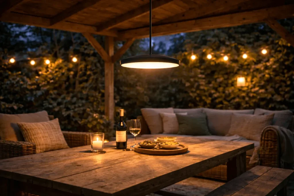 Grote eettafel onder overkapping met centrale hanglamp.