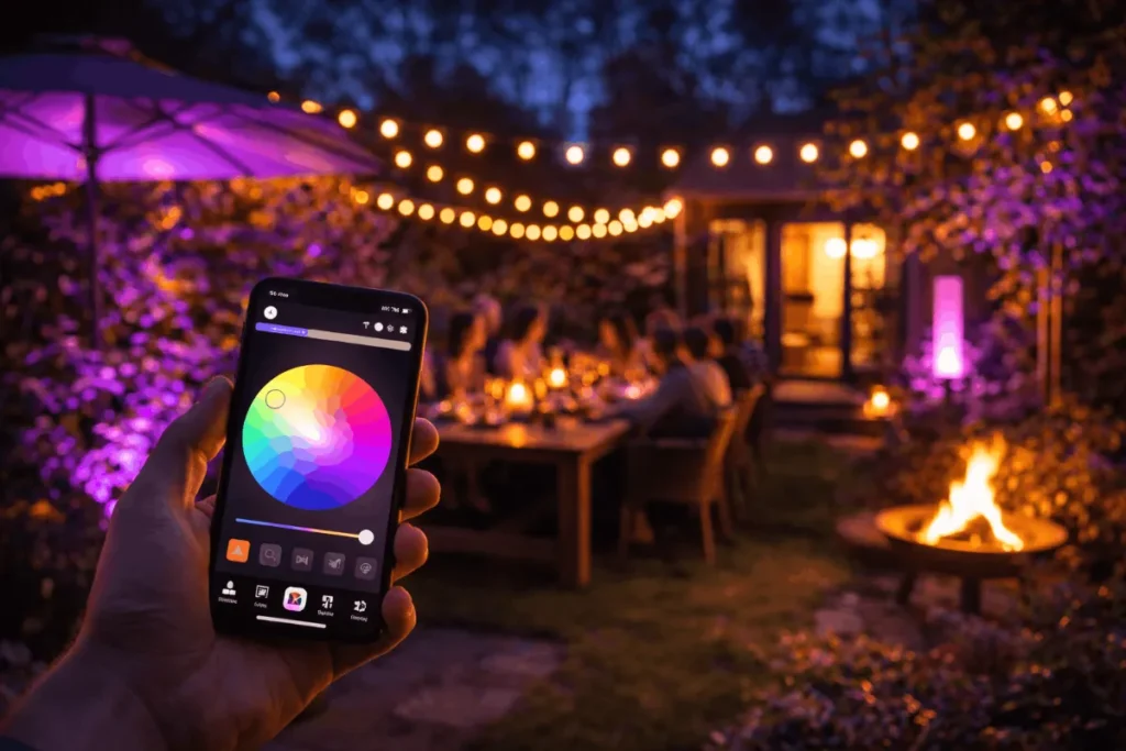 Moderne tuin met paarse en oranje sfeerverlichting van Philips Hue, bediend via een smartphone.