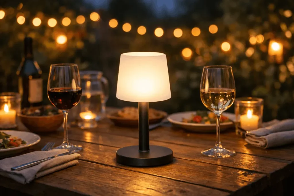 Gezellig gedekte tuintafel met een moderne, dimbare LED tafellamp als middelpunt.