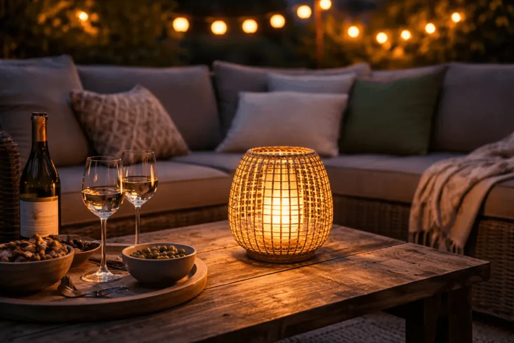 Sfeervolle rotan tafellamp bij een loungeset.