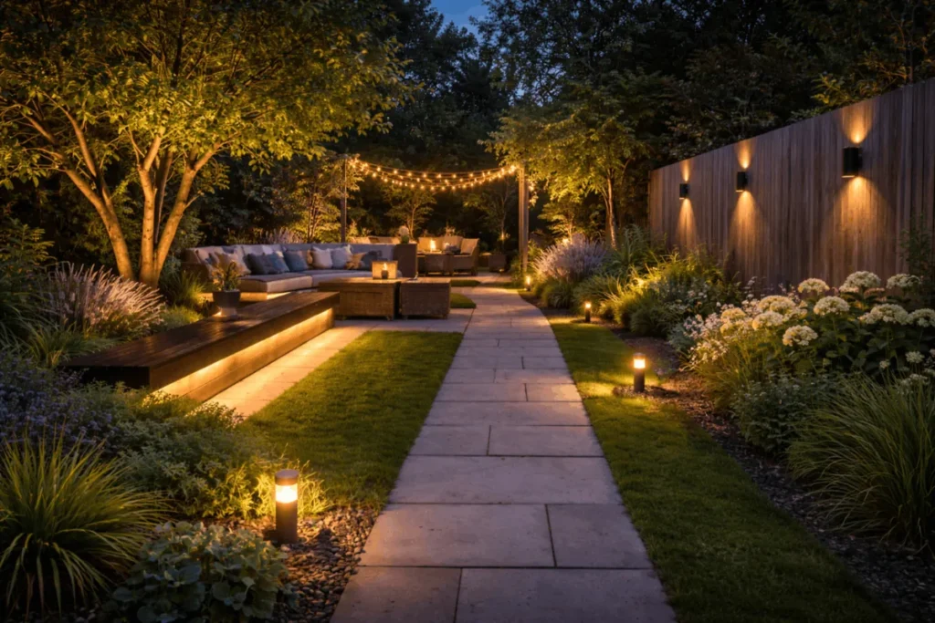 Compleet aangelegde tuinverlichting in een moderne achtertuin, met sfeervolle verlichting langs het looppad, de schutting en de borders tijdens zonsondergang."