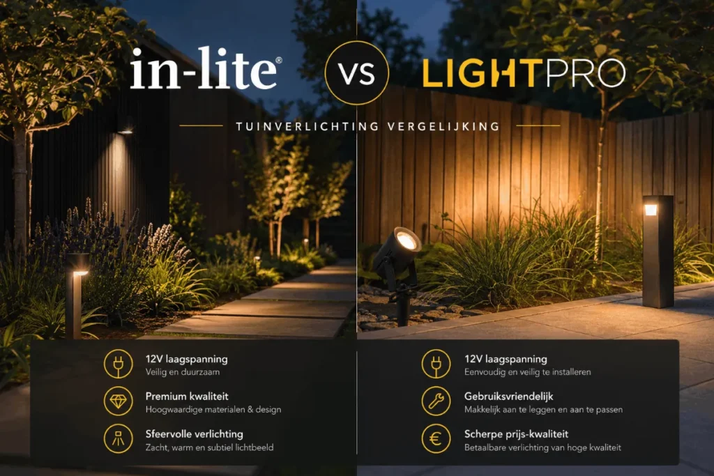 Vergelijking tussen in-lite vs Lightpro 12 volt tuinverlichting systemen in een sfeervol verlichte tuin, met focus op de armaturen en grondkabels.